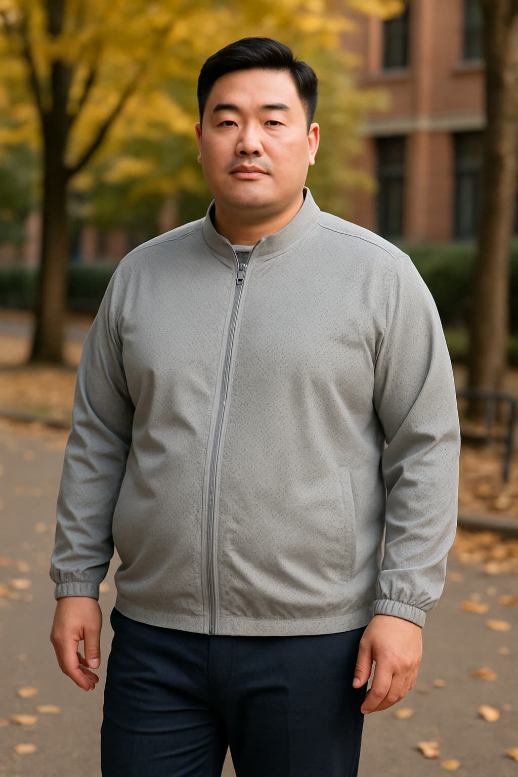 라운드 이동 중에도 활동성을 확보한 바람막이 점퍼 스타일 — 티샷 존으로 이동하는 순간의 자연스러운 실루엣. 남성 빅사이즈 골프 바람막이 115 사이즈에 맞춘 점퍼를 입은 중장년 남성이 골프장 페어웨이에서 이동 중인 모습