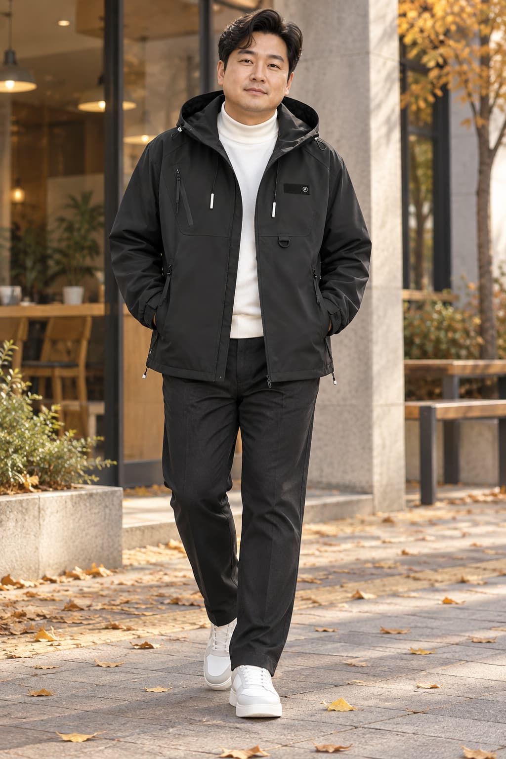 빅사이즈 바람막이 후드 자켓을 착용한 일상 코디. 거리의 간결한 배경이 자켓의 실루엣을 돋보이게 한다. 색상은 상품 페이지에서 확인하세요. 큰 체격 남성이 바람막이 후드 자켓을 입고 도시 가로수 길을 걷는 모습