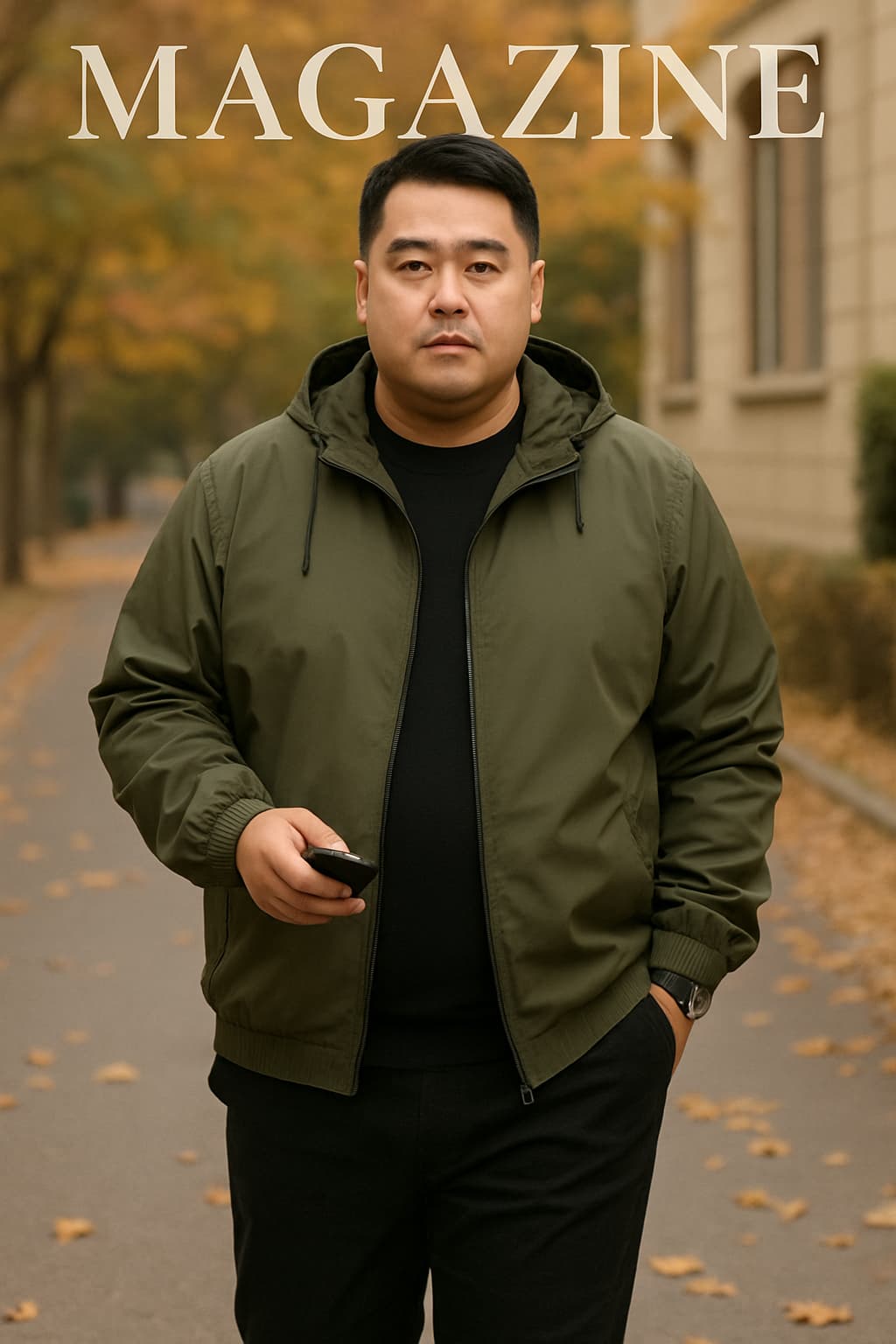 4XL~8XL 사이즈 표기의 빅사이즈 바람막이 후드 자켓을 중심으로 한 도심 일상 코디 예시 남성 빅사이즈 항공점퍼 4XL 착용한 남성이 도심 카페 앞에서 단정하게 서 있는 모습