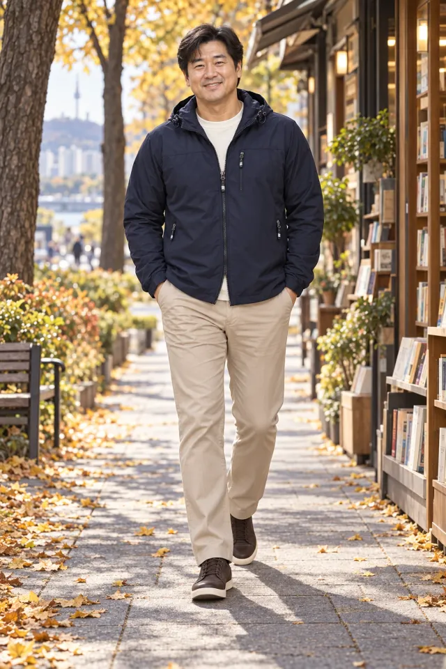 네이비 바람막이와 베이지 팬츠 코디 화보