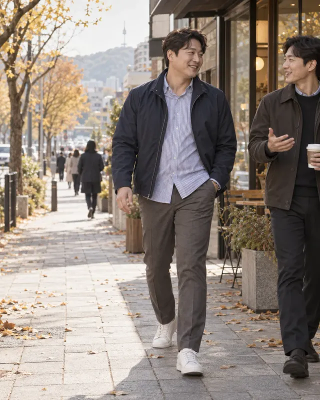 네이비 바람막이와 차콜 팬츠 코디 화보