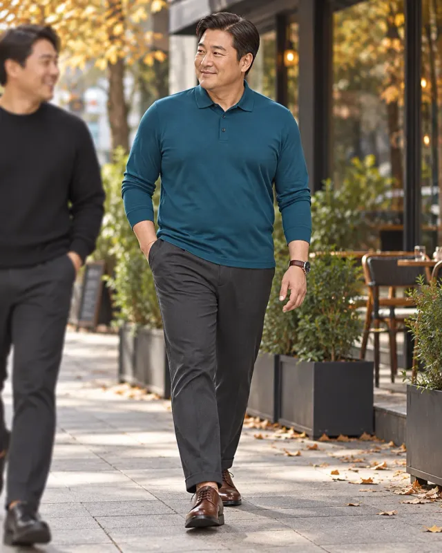 청록 카라티와 차콜 팬츠 코디 화보