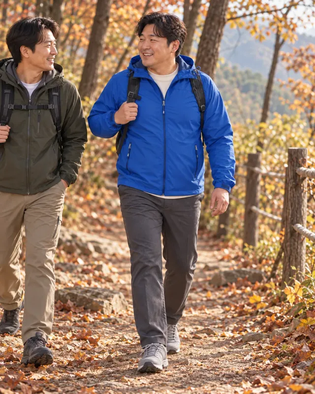 블루 바람막이와 등산바지 코디 화보