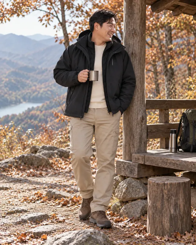 블랙 3in1 점퍼와 베이지 팬츠 코디 화보