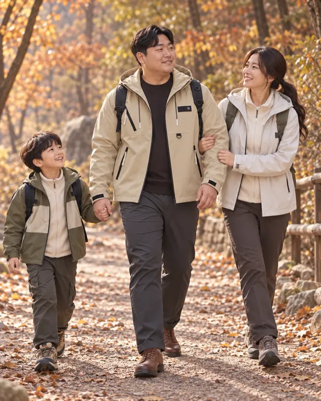 베이지 점퍼와 등산바지 코디 화보