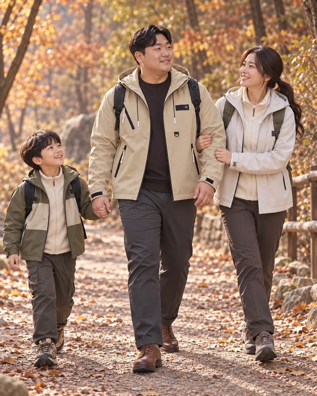 베이지 점퍼와 등산바지 코디 화보
