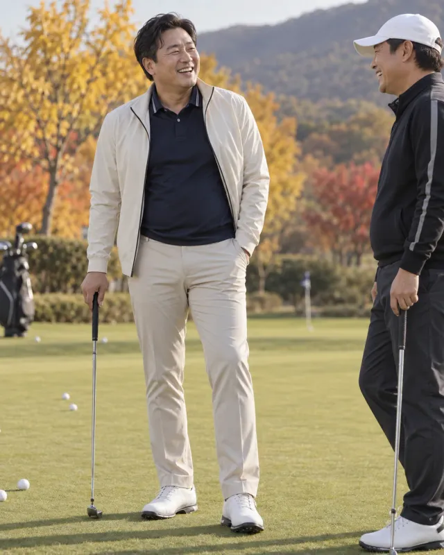크림 바람막이와 골프 팬츠 코디 화보