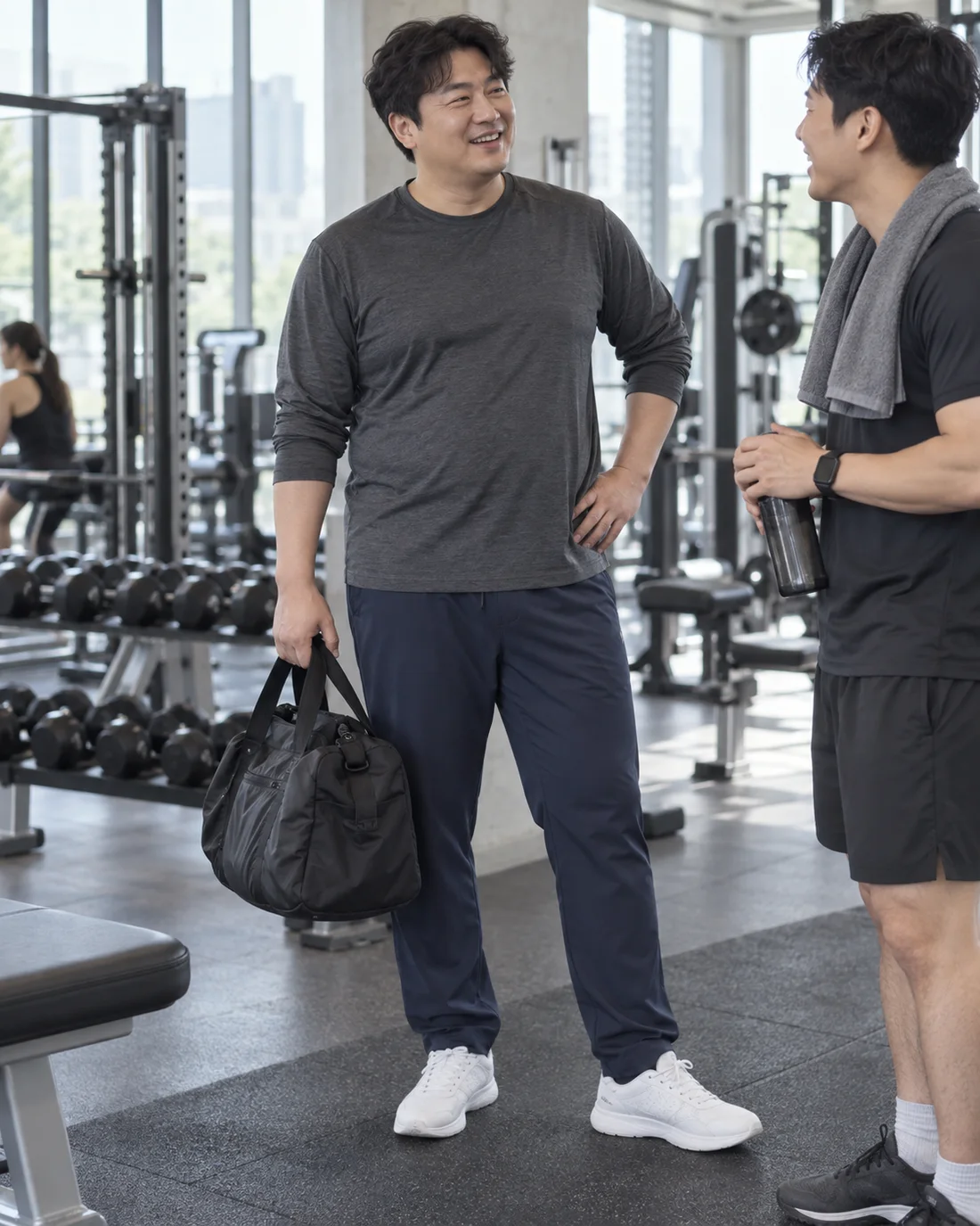 차콜 긴팔과 조거 팬츠 코디 화보