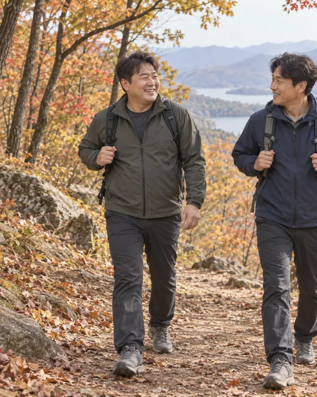 올리브 바람막이와 등산바지 코디 화보