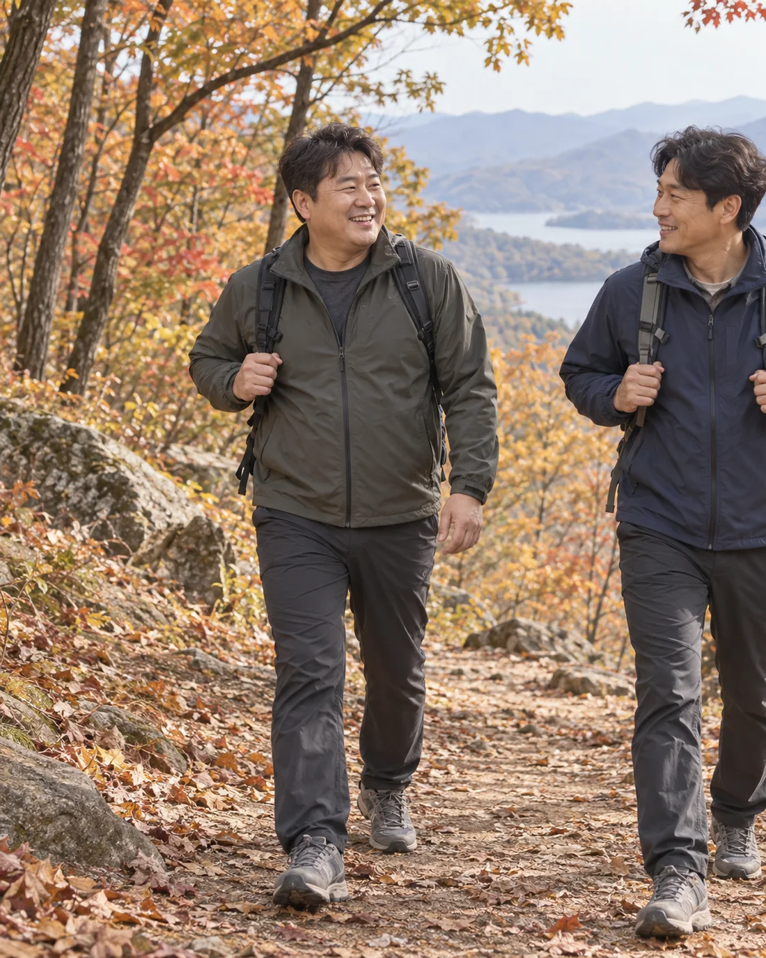 올리브 바람막이와 등산바지 코디 화보