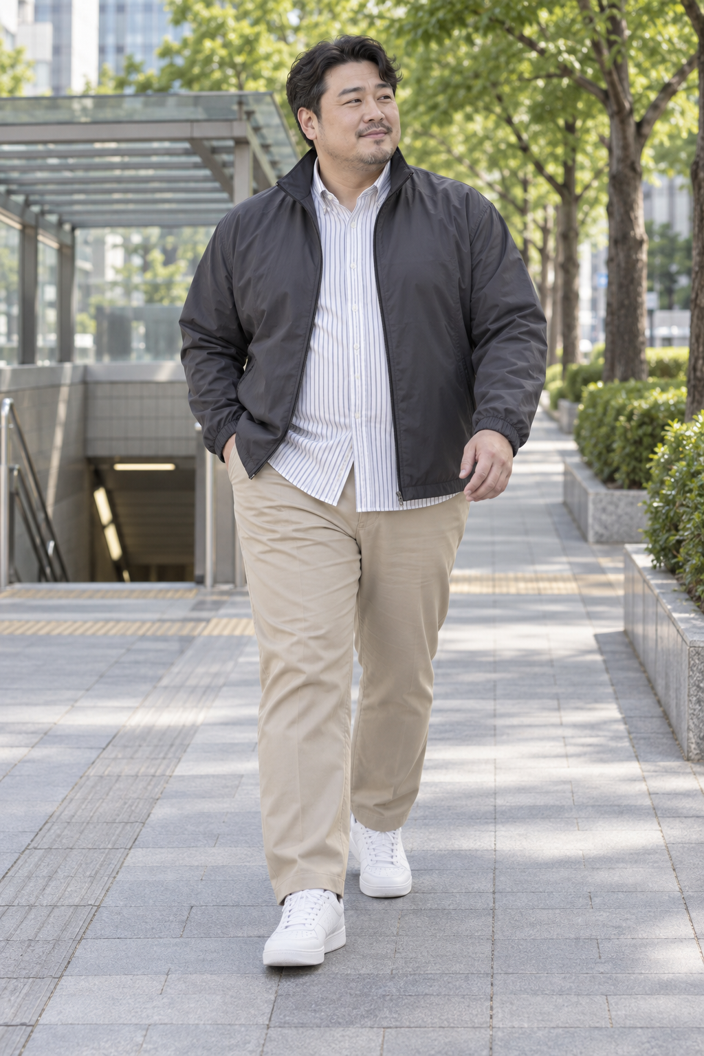 차콜 바람막이와 스트라이프 티 코디 화보