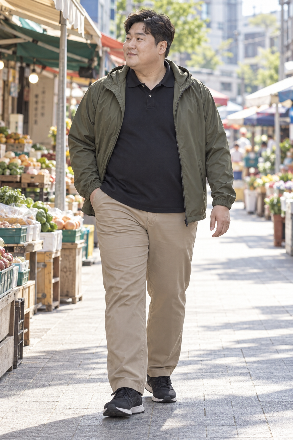 올리브 바람막이와 블랙 폴로 코디 화보