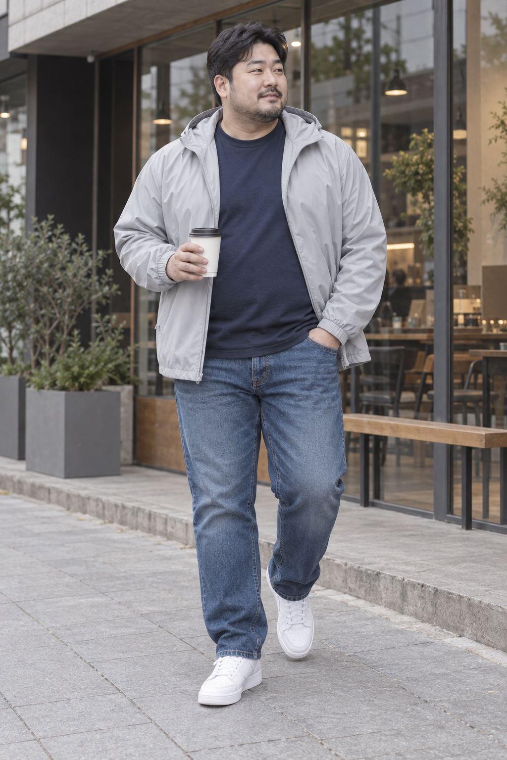라이트 그레이 바람막이와 데님 코디 화보