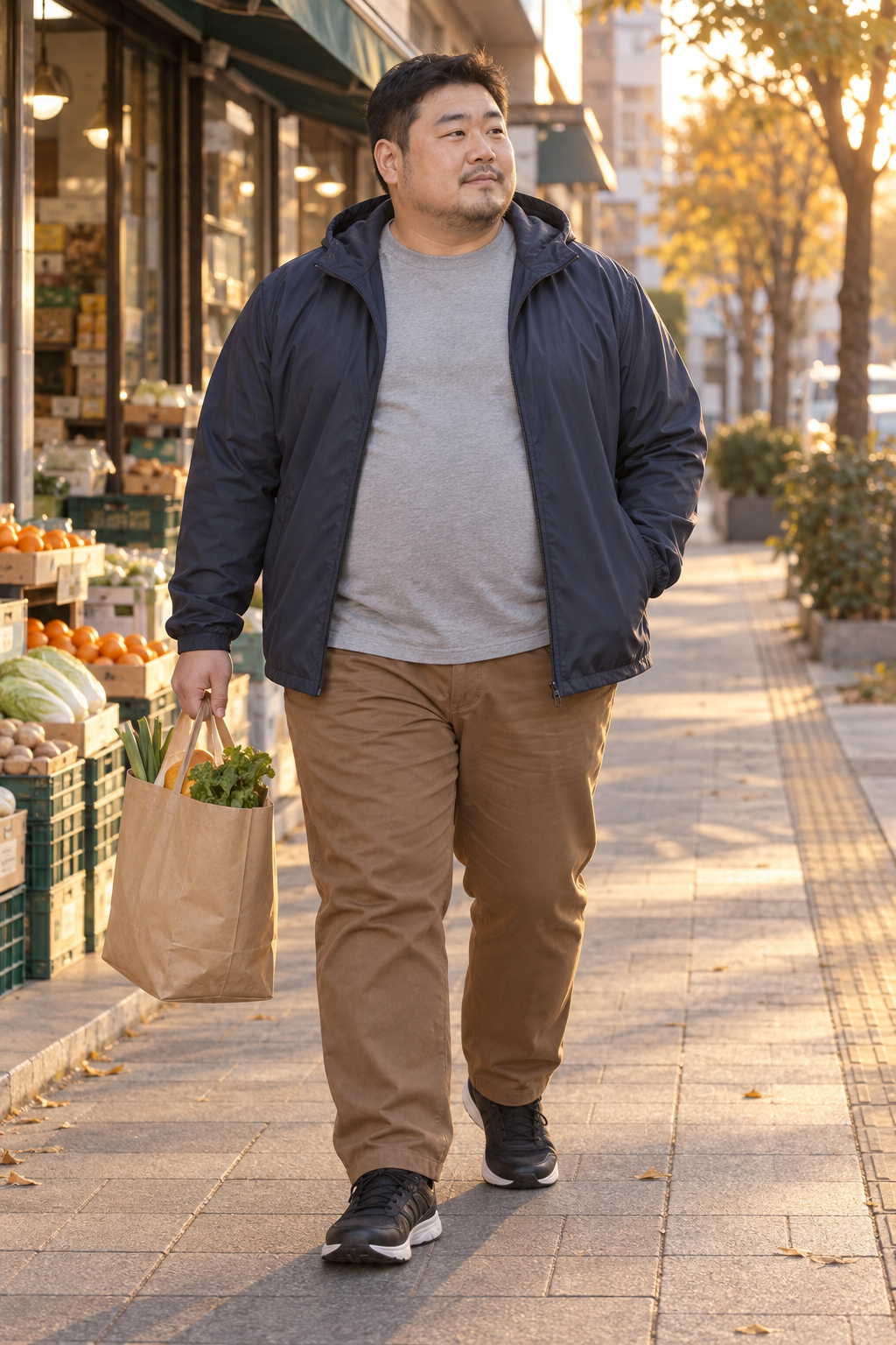 네이비 바람막이와 브라운 팬츠 코디 화보