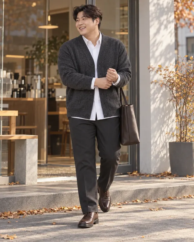 차콜 가디건과 일자 팬츠 코디 화보