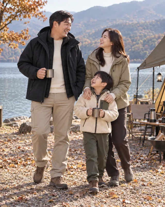 블랙 방풍 점퍼와 베이지 팬츠 코디 화보