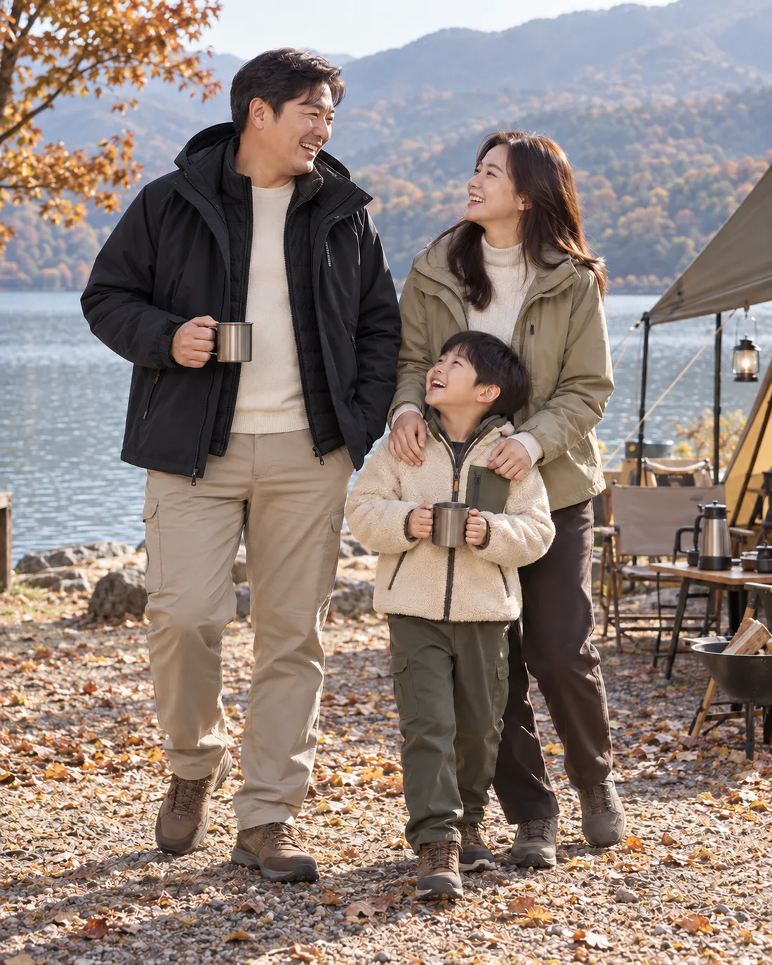 블랙 방풍 점퍼와 베이지 팬츠 코디 화보