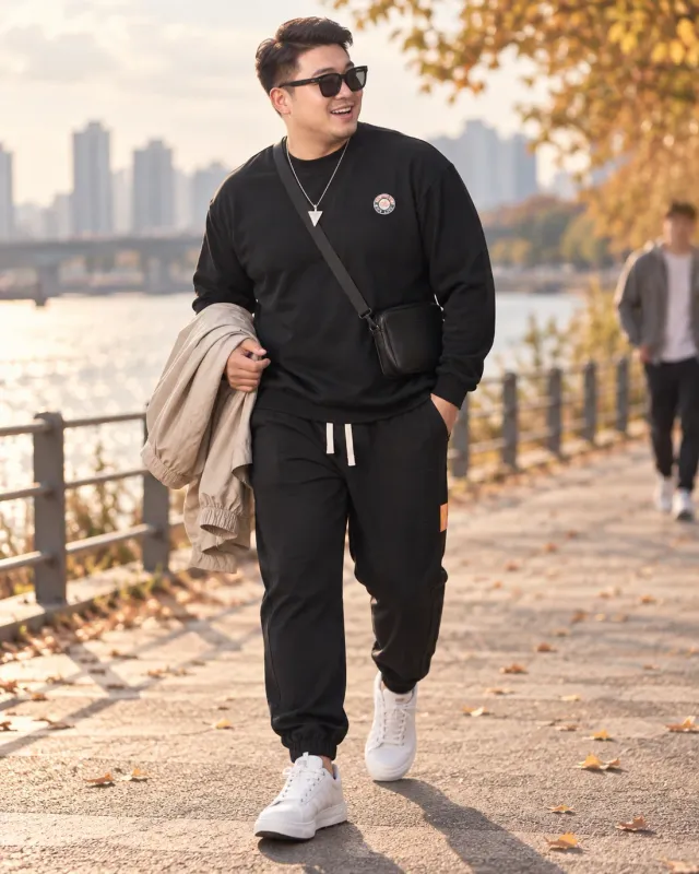 블랙 맨투맨과 조거 팬츠 코디 화보