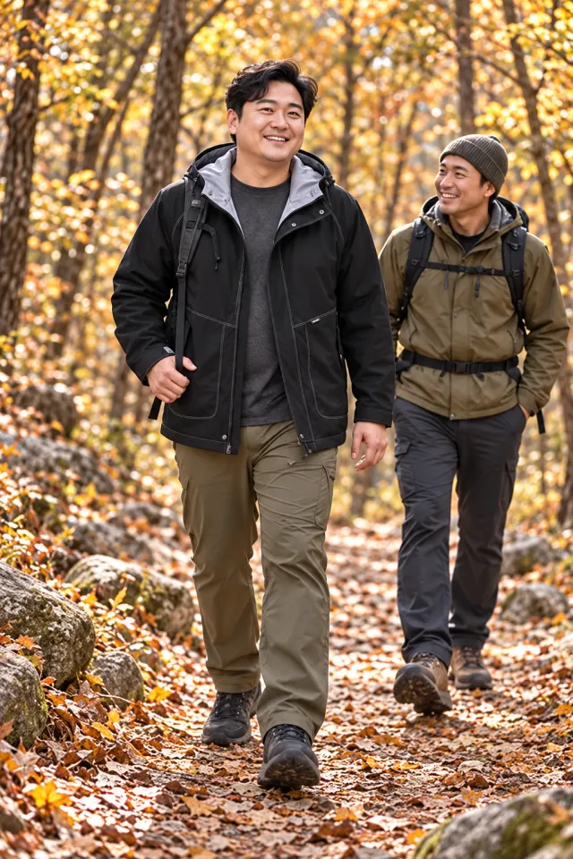 블랙 바람막이와 올리브 등산바지 코디 화보