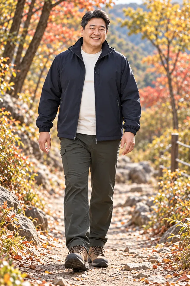 네이비 바람막이와 올리브 팬츠 코디 화보