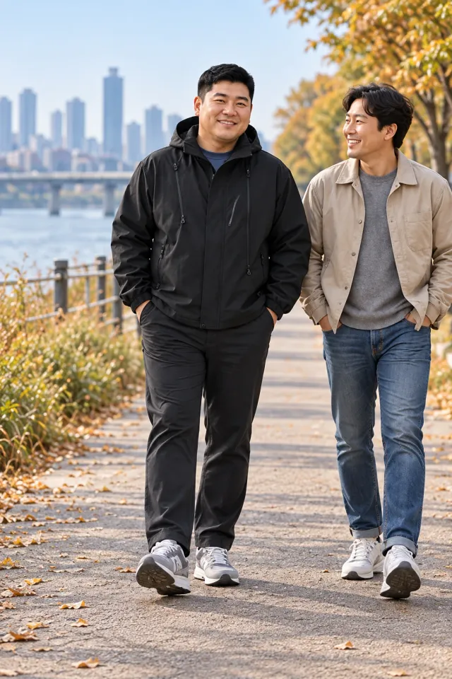 블랙 바람막이와 차콜 팬츠 코디 화보