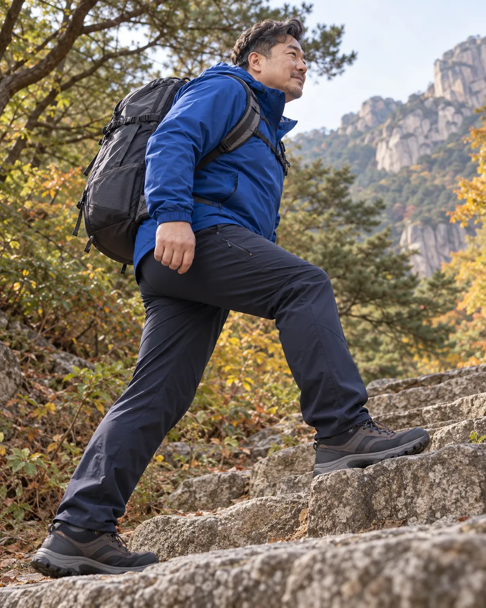 파란 바람막이를 입고 돌계단을 오르는 40대 큰 체격 남성 AI 모델 측면