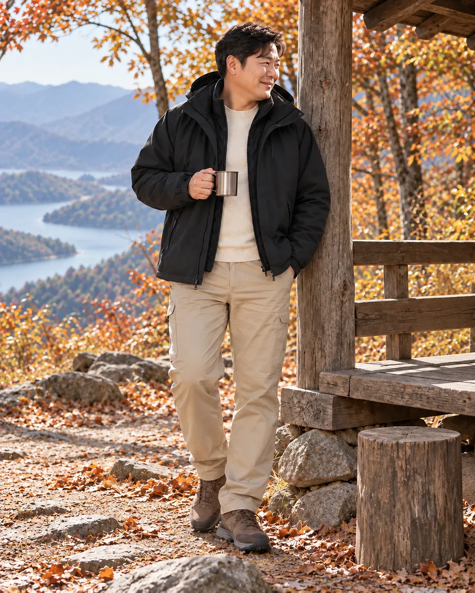 검정 겹옷과 베이지 팬츠를 입은 큰 체격 남성 AI 모델이 쉼터에 선 모습