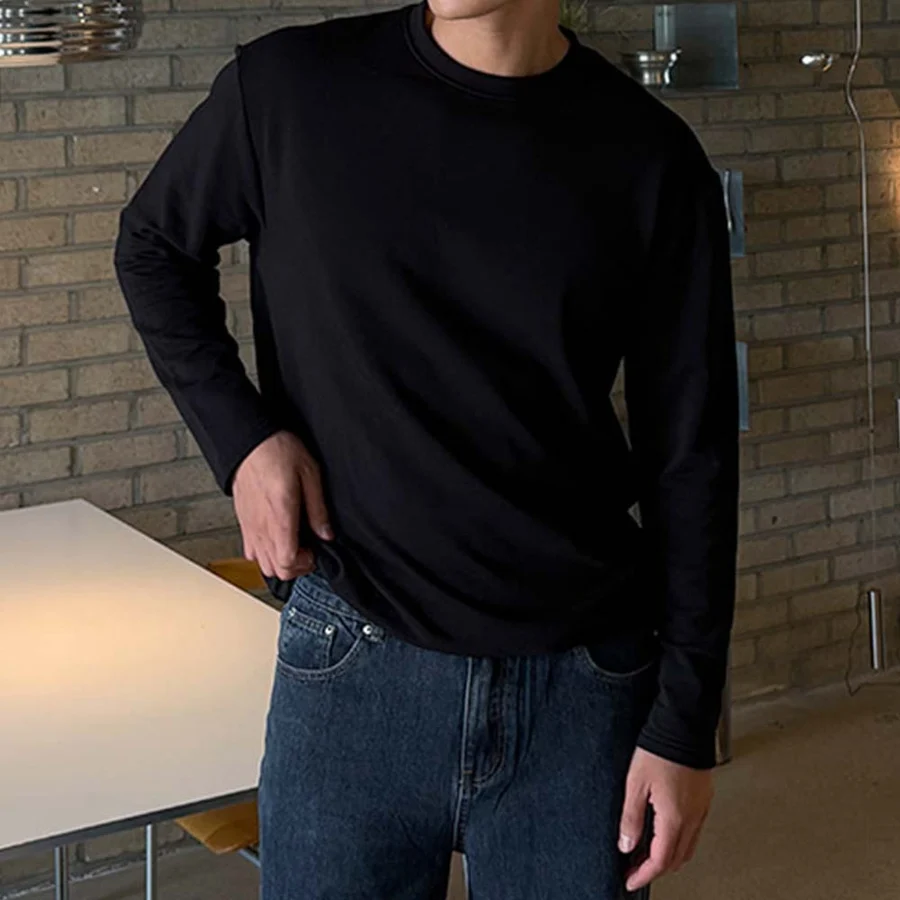 M-8XL 쏙쏙숨티 자동넣입 드롭 긴팔티 남자빅사이즈 롱슬리브 라운드넥 무지 화이트 차콜 블랙 베이직 캐주얼 특양면 보풀제로 실제 상품 사진