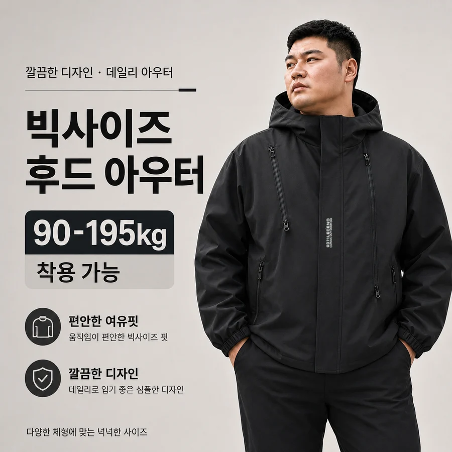 남성 빅사이즈 후드 바람막이 방풍방수 오버핏 자켓 이중지퍼 디자인 봄가을 아웃도어 점퍼 체형커버 아우터 실제 상품 사진